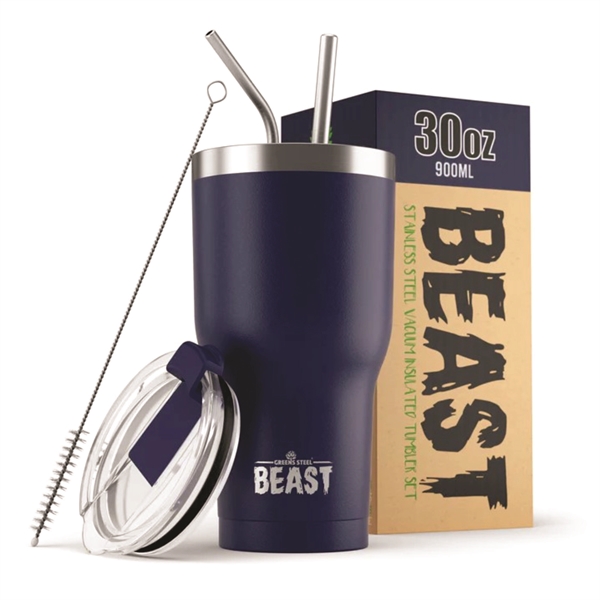 Green Steel 30oz coated Beast vacuum insulated tumbler with steel straw.... from ASI 72657 Active Life Promo / Apres Ski