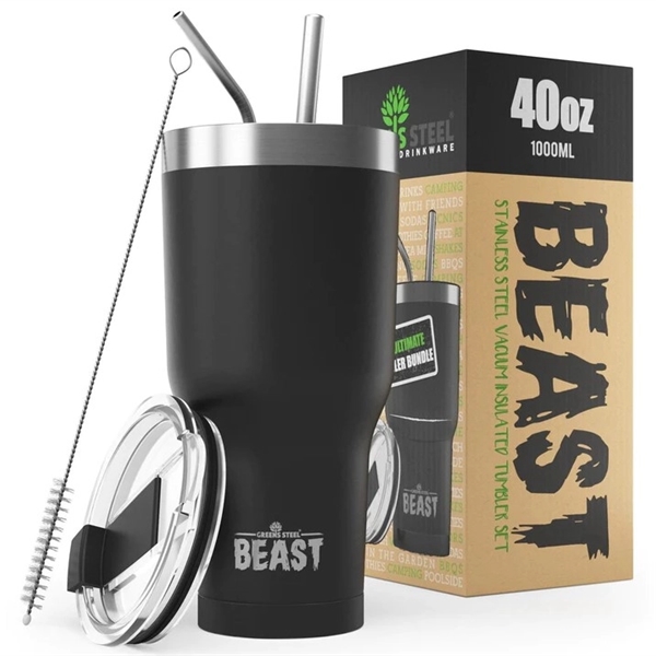 Green Steel 40oz coated Beast vacuum insulated tumbler with steel straw.... from ASI 72657 Active Life Promo / Apres Ski