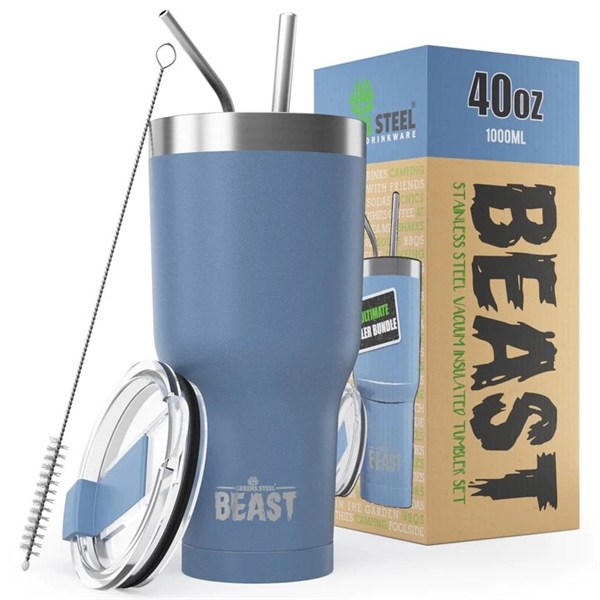 Green Steel 40oz coated Beast vacuum insulated tumbler with steel straw.... from ASI 72657 Active Life Promo / Apres Ski