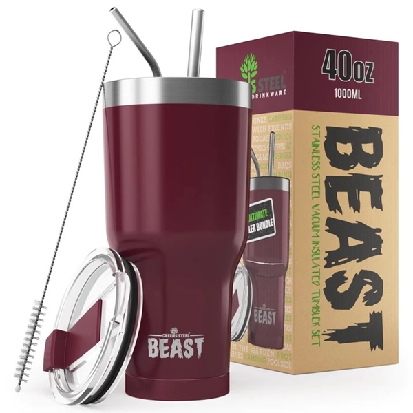Green Steel 40oz coated Beast vacuum insulated tumbler with steel straw.... from ASI 72657 Active Life Promo / Apres Ski