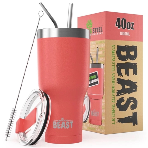 Green Steel 40oz coated Beast vacuum insulated tumbler with steel straw.... from ASI 72657 Active Life Promo / Apres Ski