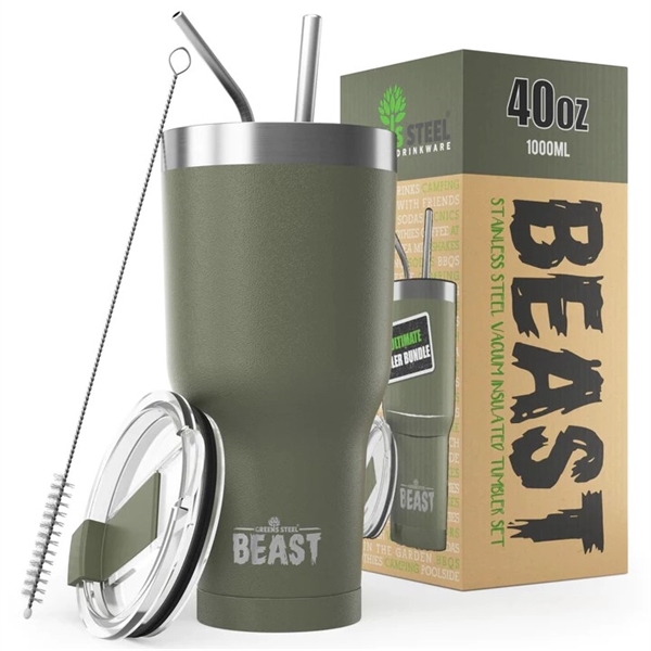 Green Steel 40oz coated Beast vacuum insulated tumbler with steel straw.... from ASI 72657 Active Life Promo / Apres Ski
