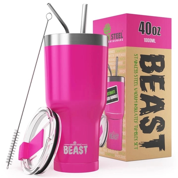 Green Steel 40oz coated Beast vacuum insulated tumbler with steel straw.... from ASI 72657 Active Life Promo / Apres Ski
