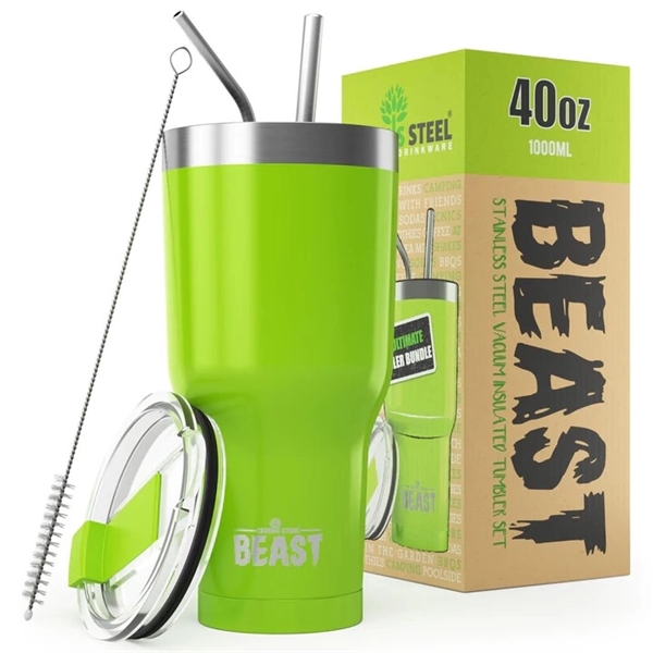 Green Steel 40oz coated Beast vacuum insulated tumbler with steel straw.... from ASI 72657 Active Life Promo / Apres Ski