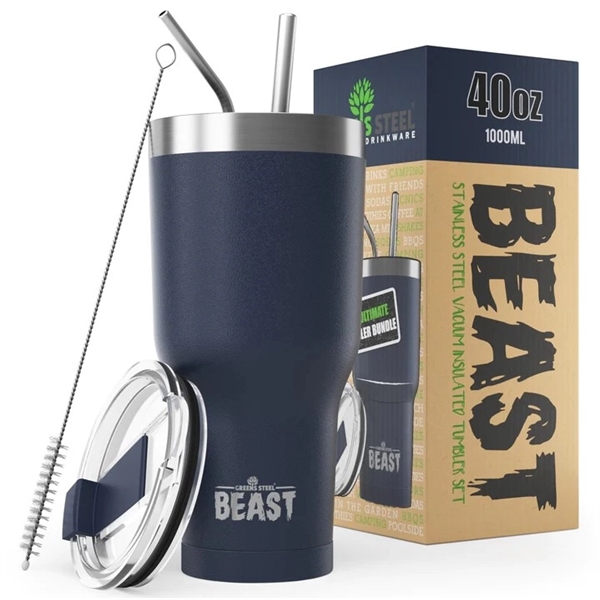 Green Steel 40oz coated Beast vacuum insulated tumbler with steel straw.... from ASI 72657 Active Life Promo / Apres Ski