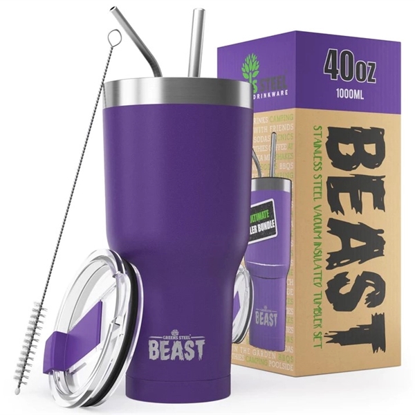 Green Steel 40oz coated Beast vacuum insulated tumbler with steel straw.... from ASI 72657 Active Life Promo / Apres Ski