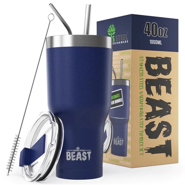 Green Steel 40oz coated Beast vacuum insulated tumbler with steel straw.... from ASI 72657 Active Life Promo / Apres Ski