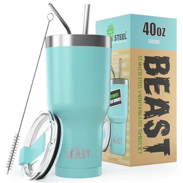 Green Steel 40oz coated Beast vacuum insulated tumbler with steel straw.... from ASI 72657 Active Life Promo / Apres Ski