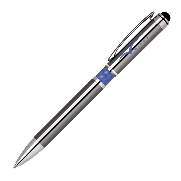 Anodized brass click-action ballpoint pen with a smooth silver color, textured... from ASI 68190 Lungsal / Lungsal