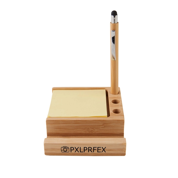 Bamboo desk organizer with stylus pen, phone holder, 3 pen slots... from ASI 52840 Evans Manufacturing