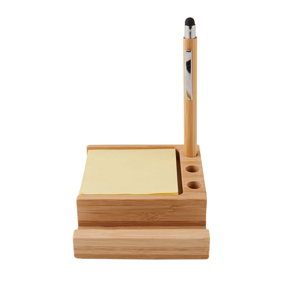 Bamboo desk organizer with stylus pen, phone holder, 3 pen slots... from ASI 52840 Evans Manufacturing