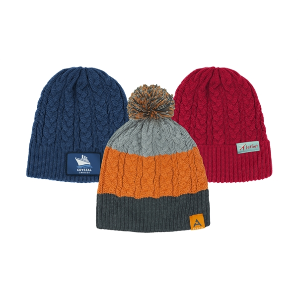 Cable knit beanie with ability to add stripes, woven patch, cuff,... from ASI 45657 Pop! Promos