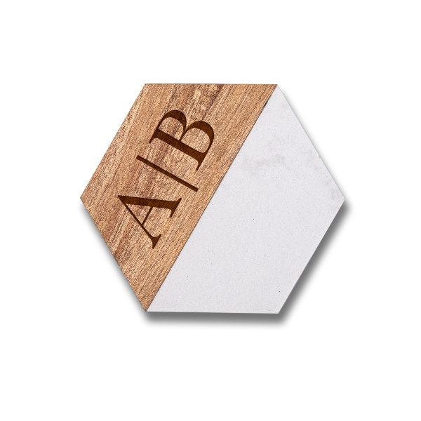 4" hexagon engraved coasters made of acacia wood and marble.... from ASI 92531 Unique Custom Products / UCP
