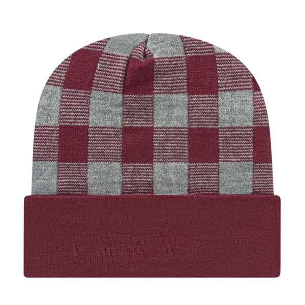 Acrylic knit beanie with plaid design and solid cuff. Made in... from ASI 43792 Cap America Inc
