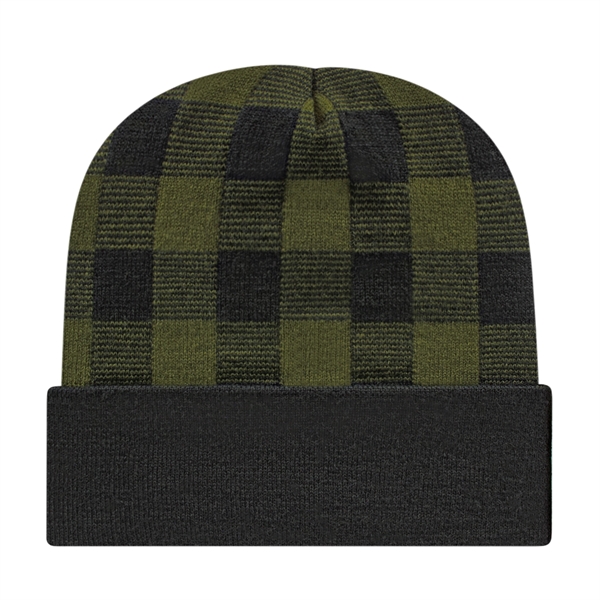 Acrylic knit beanie with plaid design and solid cuff. Made in... from ASI 43792 Cap America Inc