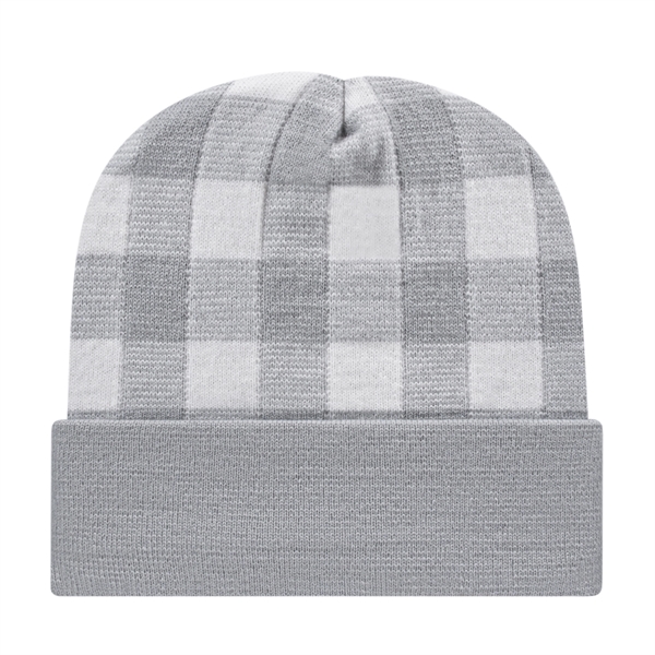 Acrylic knit beanie with plaid design and solid cuff. Made in... from ASI 43792 Cap America Inc
