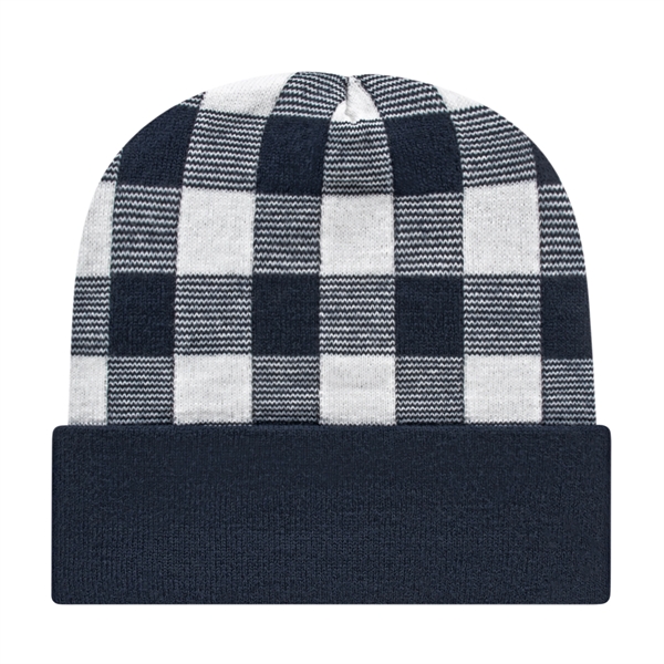 Acrylic knit beanie with plaid design and solid cuff. Made in... from ASI 43792 Cap America Inc