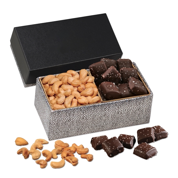 black and silver sparkle gift box with fancy cashews and chocolate... from ASI 68680 Maple Ridge Farms Inc