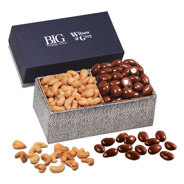 navy and silver sparkle gift box with fancy cashews and chocolate... from ASI 68680 Maple Ridge Farms Inc