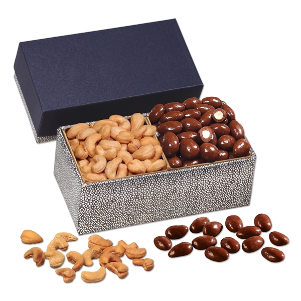 navy and silver sparkle gift box with fancy cashews and chocolate... from ASI 68680 Maple Ridge Farms Inc