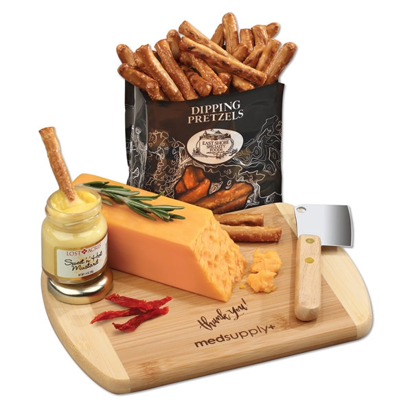 Bamboo cutting board with cheese, pretzels, and dipping mustard... from ASI 68680 Maple Ridge Farms Inc