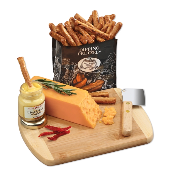 Bamboo cutting board with cheese, pretzels, and dipping mustard... from ASI 68680 Maple Ridge Farms Inc