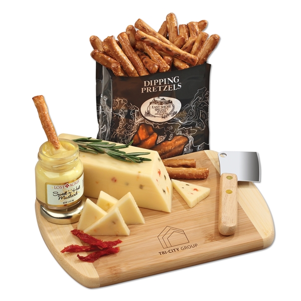 Bamboo cutting board with shelf stable cheese, pretzels, and dipping mustard... from ASI 68680 Maple Ridge Farms Inc
