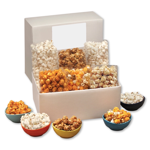 White shipper box with 6 bags of gourmet popcorn.... from ASI 68680 Maple Ridge Farms Inc