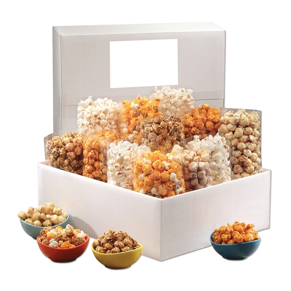 White shipper box with 12 bags of gourmet popcorn.... from ASI 68680 Maple Ridge Farms Inc