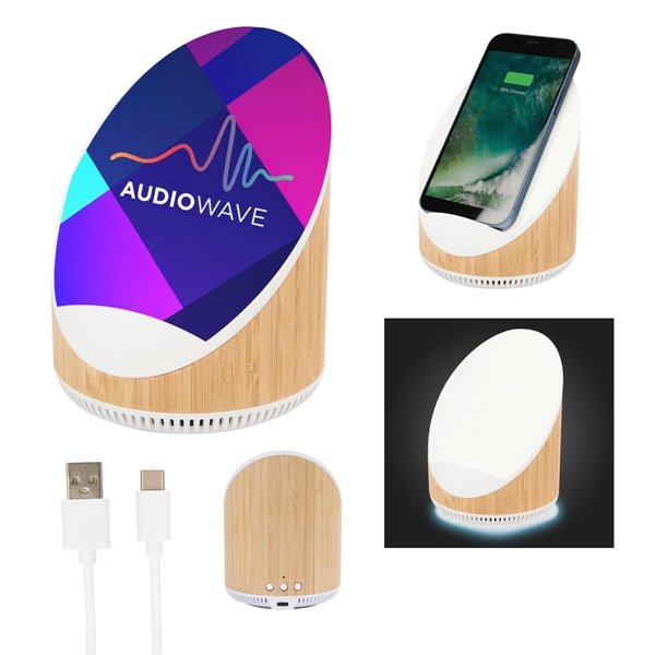 Edgewood bamboo Bluetooth wireless speaker and Qi-enabled charger with 2200mAh battery.... from ASI 61125 Hit Promotional Products / Hit®
