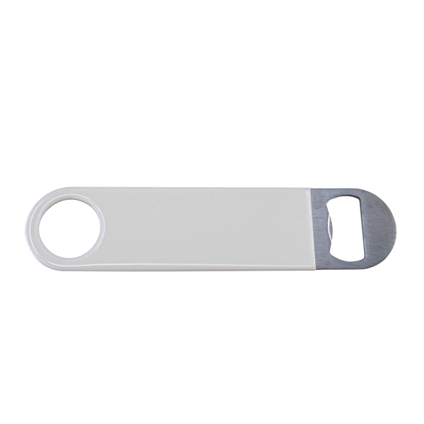 Vinyl coated stainless steel bottle opener with a round opening at... from ASI 90807 Tekweld
