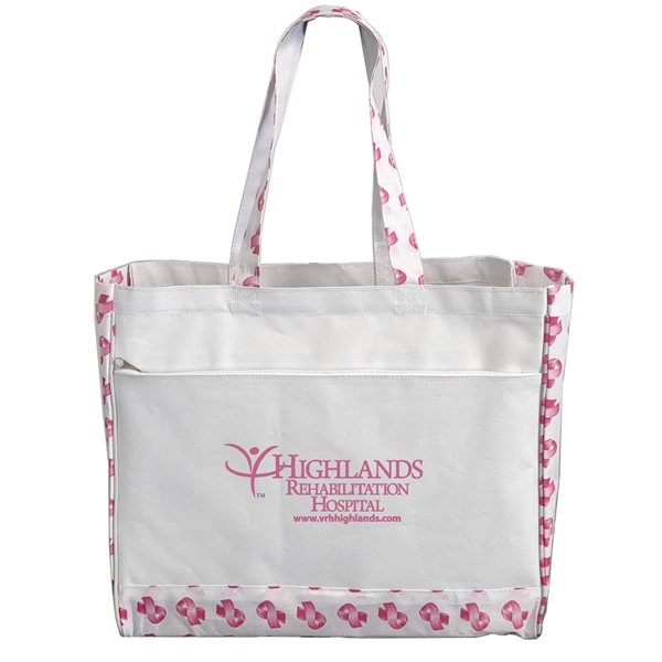 Pink Ribbon tote bag with front pocket,... from ASI 34046 Allcasion Travelware Co