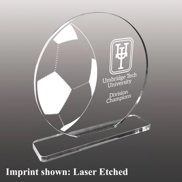 Soccer themed acrylic award with 3/8" thickness and multiple size options.... from ASI 72521 Morris Magnets