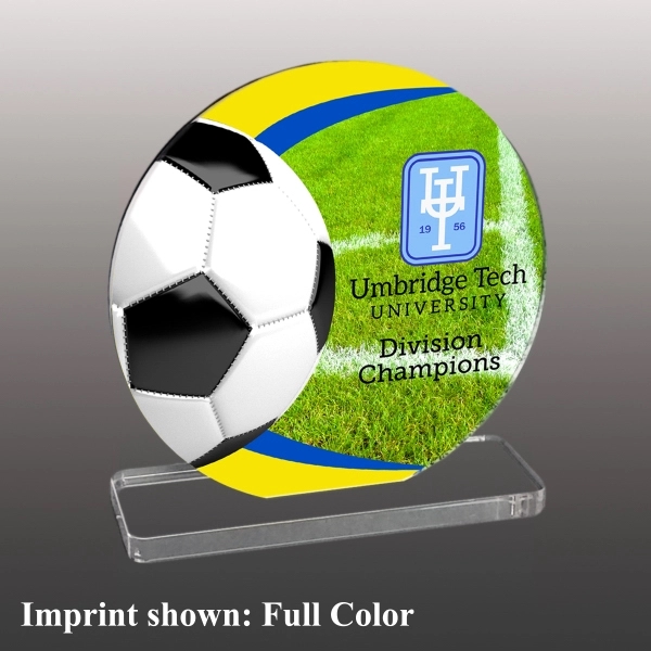 Soccer themed acrylic award with 3/8" thickness and multiple size options.... from ASI 72521 Morris Magnets