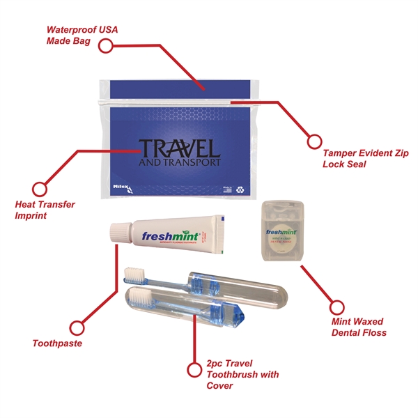Dental kit with a plastic pouch, travel toothbrush, toothpaste tube, and... from ASI 84514 Safety Made