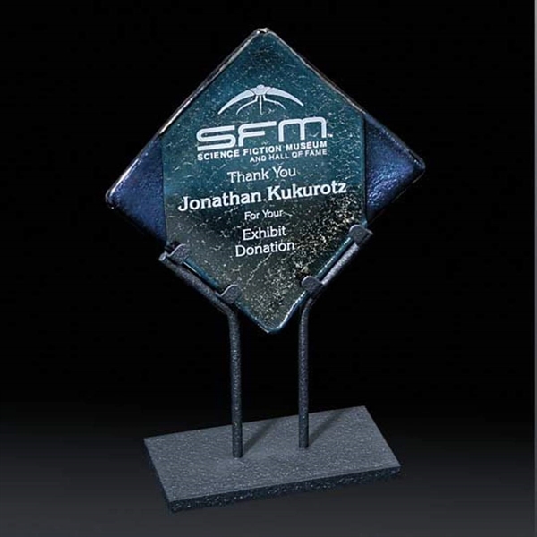 Art art glass 6" x 6" award with latticino and blue... from ASI 84592 St Regis Group / R S Owens & Co Inc