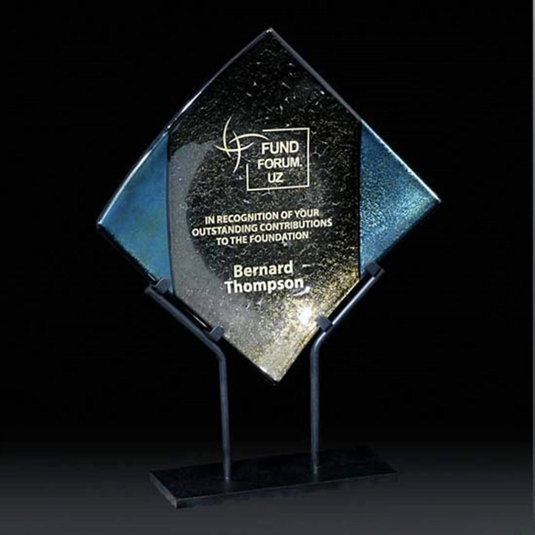 Art art glass 6" x 6" award with latticino and blue... from ASI 84592 St Regis Group / R S Owens & Co Inc