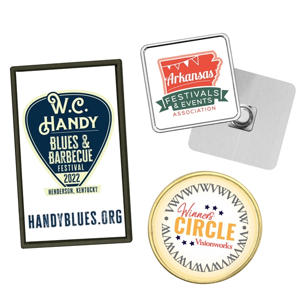 Stock shape lapel pins in assorted sizes with full color laminate... from ASI 52263 EMT