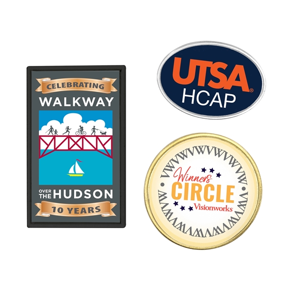 Custom metal lapel pins in assorted shapes and sizes with laminate... from ASI 52263 EMT