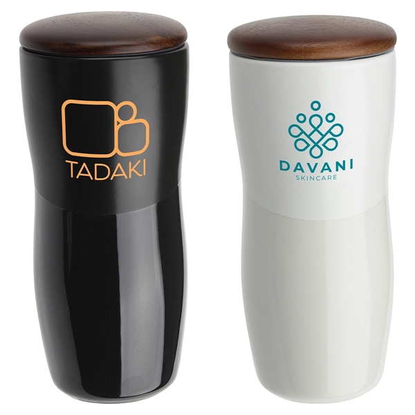 12 oz Double-wall Ceramic Tumbler with Wood Lid... from ASI 36730 Ariel Premium Supply Inc