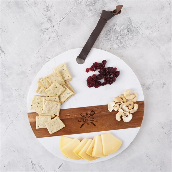 A charcuterie cutting board made from white marble & acacia wood.... from ASI 61966 HPG / Beacon Promotions