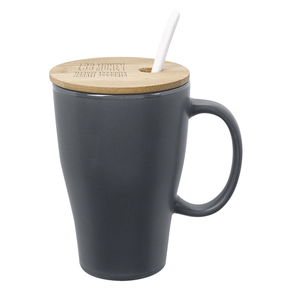 Ceramic mug that holds 12 oz. and has a bamboo lid... from ASI 61125 Hit Promotional Products