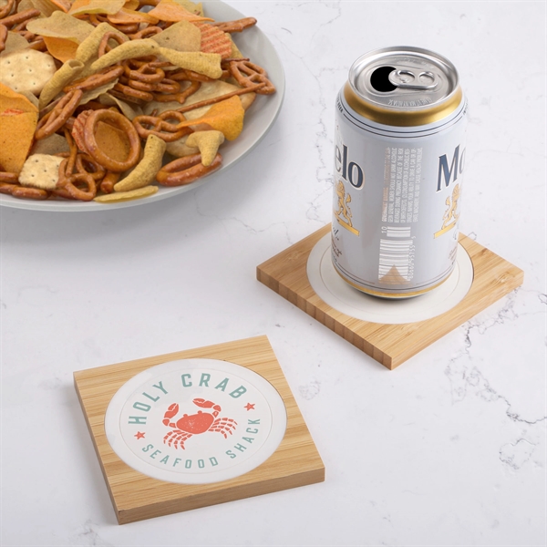 A classic bamboo coaster with white plastic inset for decoration... from ASI 61966 HPG / Beacon Promotions