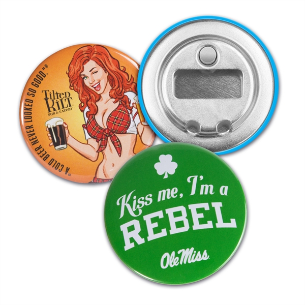 2.25" round celluloid button bottle openers with neodymium magnetic cap catcher.... from ASI 62088 IDProductsource