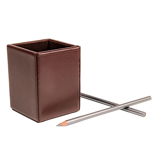Dark brown bonded leather pencil cup with a felt interior lining.... from ASI 48125 Dacasso / DaCasso