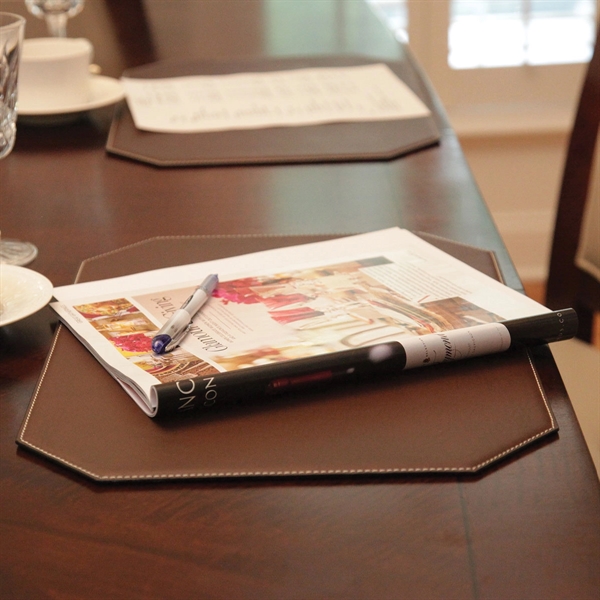 Brown cut corner placemat made of leatherette material with accent stitching... from ASI 48125 Dacasso