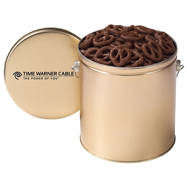 One gallon tin filled with chocolate covered miniature pretzels... from ASI 71685 Midnite Snax®