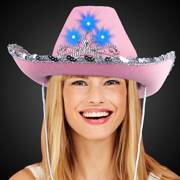 Pink cowboy hat with attached flashing LED tiara accents and silver... from ASI 42016 Brighter Promotions Inc