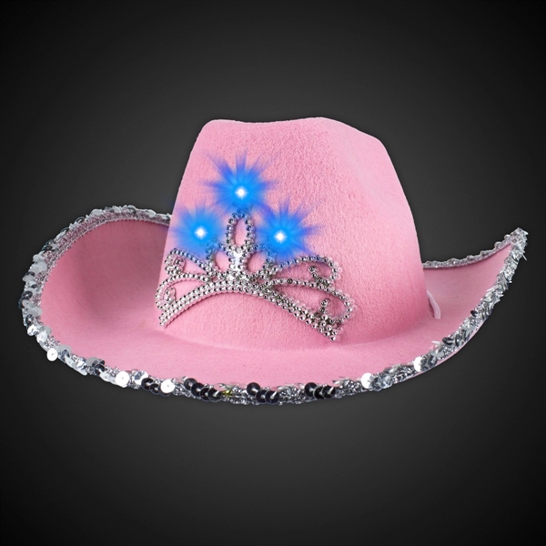 Pink cowboy hat with attached flashing LED tiara accents and silver... from ASI 42016 Brighter Promotions Inc