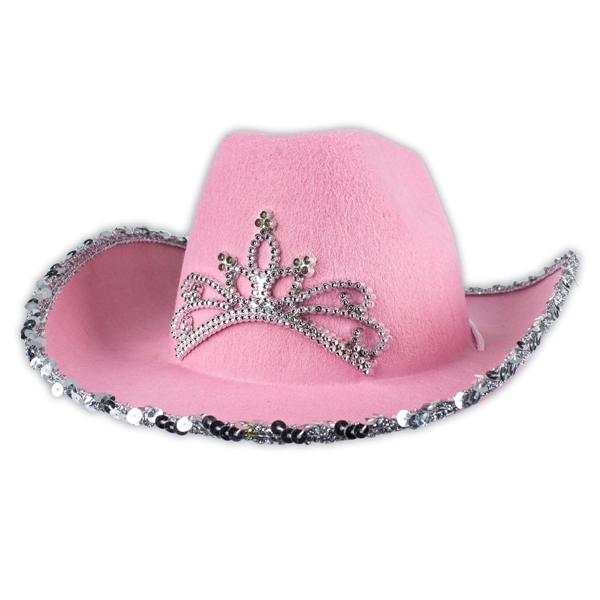 Pink cowboy hat with attached flashing LED tiara accents and silver... from ASI 42016 Brighter Promotions Inc